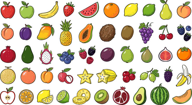 Fresh organic fruit and sweet tropical berry hand drawn doodle vector illustration set featuring textured flat cartoon sketches of orchard produce halves and slices