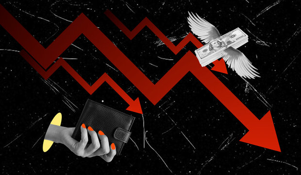 Art collage showing concepts of financial decline and loss through symbols of money and a wallet