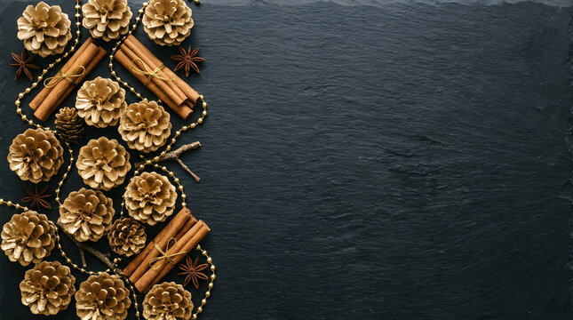 golden pine cones and cinnamon sticks on dark background flat lay