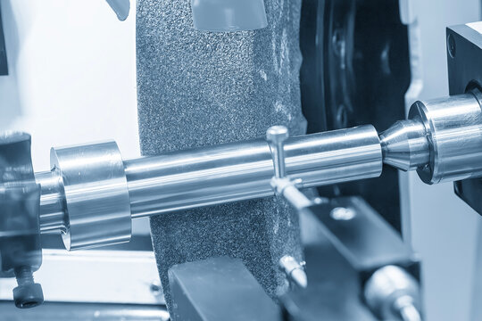 Close-up of high precision metal shaft surface finishing on a cylindrical grinding machine in blue tone