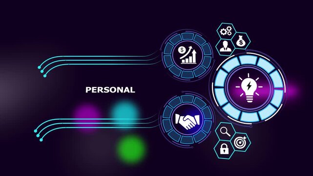 Digital personal development and career growth infographic animation featuring interactive business financial success graphs, networking handshake, and creative innovation lightbulb