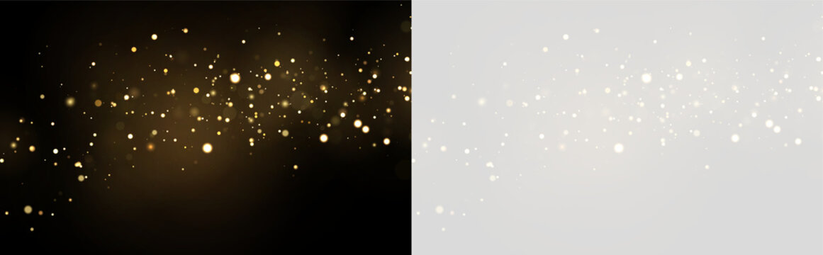 Clusters of glowing particles float delicately across a dark background. The golden orbs vary in size and create a sense of depth and abundant light. This image is ideal for festive and.