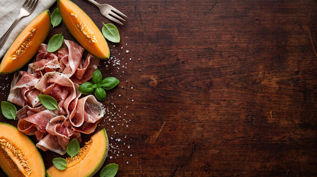 Top down view of Italian Prosciutto di Parma ham and cantaloupe melon on wood