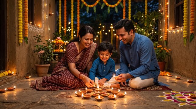Photorealistic lifestyle photography of a young Indian family father, mother, and a young son lighting traditional clay diyas together in their intimate home courtyard during Dussehra evening. 