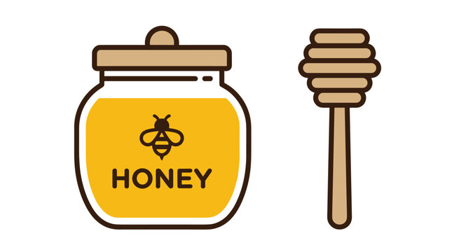 Honey jar with bee logo and dipper.