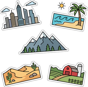 Landscape Travel Sticker Collection with City, Beach, Mountains, Desert and Farm Scenes