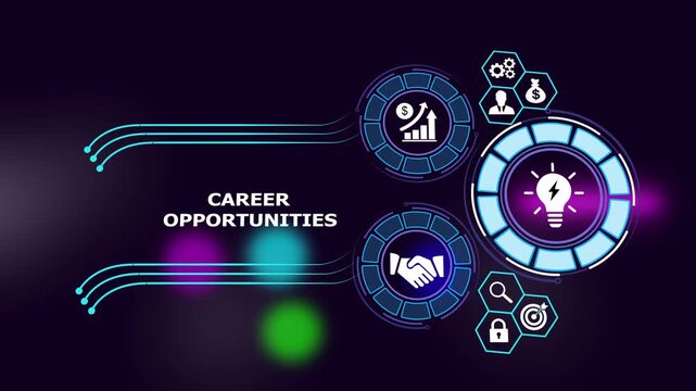 Career opportunities concept featuring animated digital infographic corporate growth strategic business development symbols, and modern hud interface for hr presentations