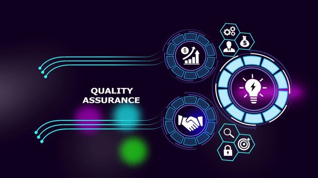 Assurance business concept infographic featuring digital interface with glowing for financial growth, strategic partnership, innovation, and process optimization in modern corporate systems