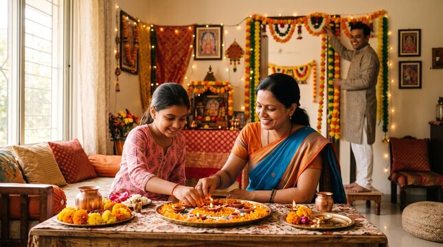 Photorealistic Indian family preparing a small Dussehra celebration at home