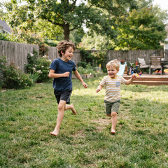 Obraz premium Two happy young boys running barefoot across a green backyard lawn