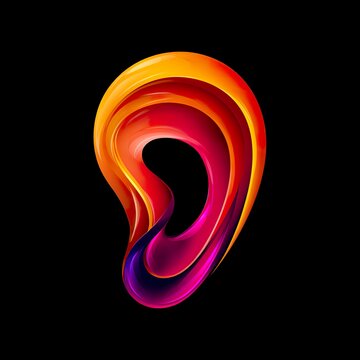 Vibrant abstract artistic rendering of a human ear form set on black symbolizing the ideas of listening and sound perception