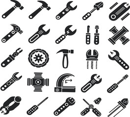 Fototapeta premium Hand Tools Icon Collection Vector Set with Hammer Wrench Screwdriver Screw and Gear Silhouette Illustration