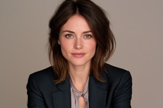 Head-and-shoulders portrait of a cheerful female professional in smart attire