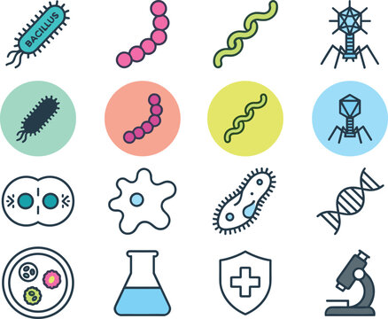 Microbiology and Science Icon Set Featuring Bacteria Virus DNA Strand Petri Dish Microscope Flask Cell Division and Immune Shield Vector Illustration