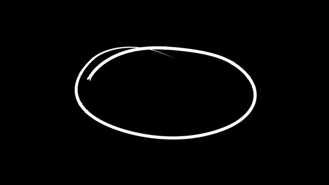 Hand drawn oval frame circle animation on black background with marker pen style drawn white circle on alpha transparent