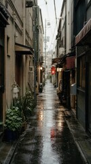 Fototapeta premium Moody alleyway with wet pavement and dim lights mobile wallpaper.