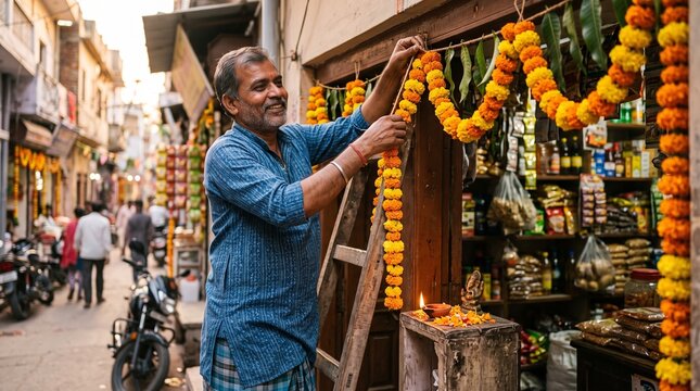 Photorealistic documentary photography of a friendly Indian shop owner preparing his small neighborhood store for Dussehra celebration