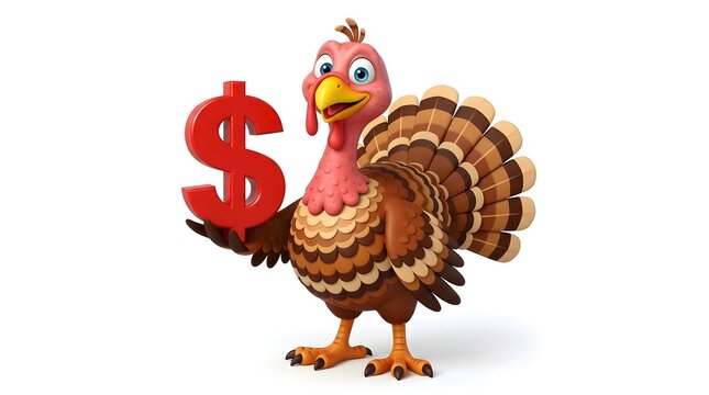 This vibrant cartoon illustration depicts a cheerful thanksgiving turkey seemingly proud and perhaps a little mischievous with a prominent dollar sign hovering nearby suggesting themes