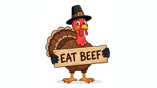 A whimsical cartoon illustration depicts a thanksgiving turkey wearing a pilgrim hat and holding a sign that playfully suggests 'eat beef ' offering a humorous