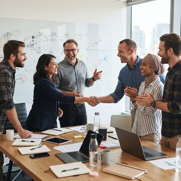 Diverse business team celebrating successful deal with handshake and applause