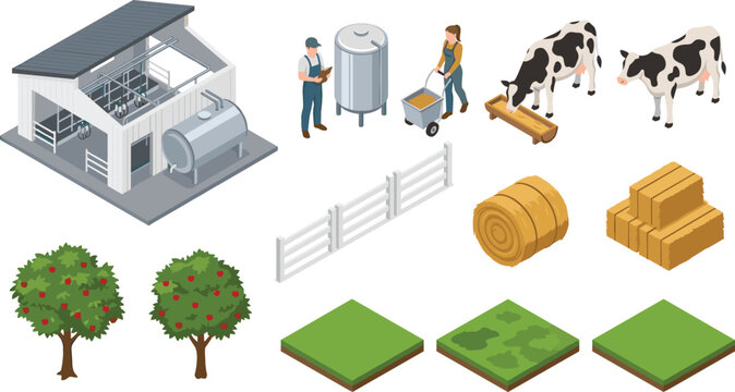 Dairy Farm Isometric Illustration with Milk Processing Facility, Cows, Farmers, Hay Bales, Fences, Trees, and Pasture Fields