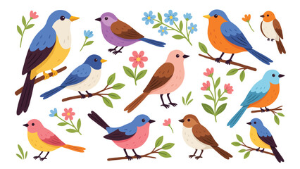 Fototapeta premium Cute Cartoon Garden Birds Vector Illustration Set with Spring Flowers