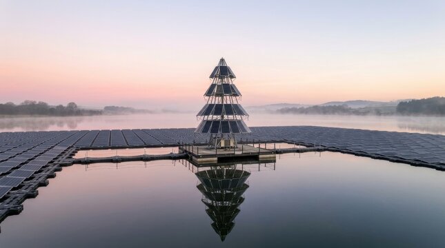 Build floating solar plant infrastructure featuring photovoltaic Christmas tree reflecting on misty reservoir water