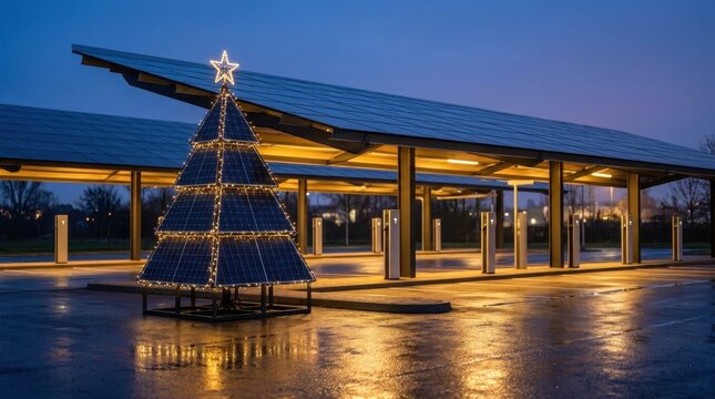 Support clean mobility transition with lighted solar Christmas tree at electric vehicle charging station