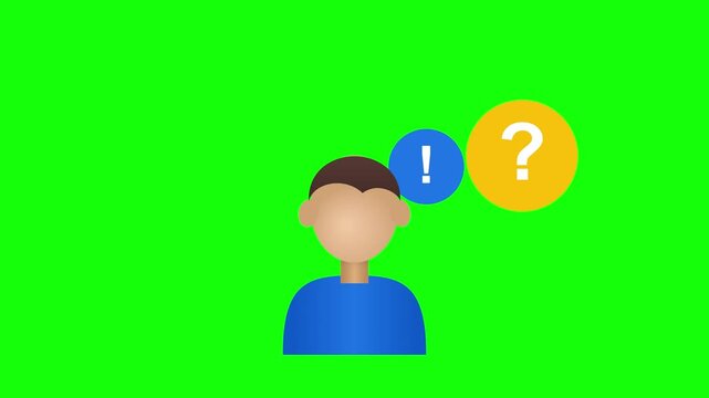 Cartoon character thinking with question mark and exclamation mark symbols