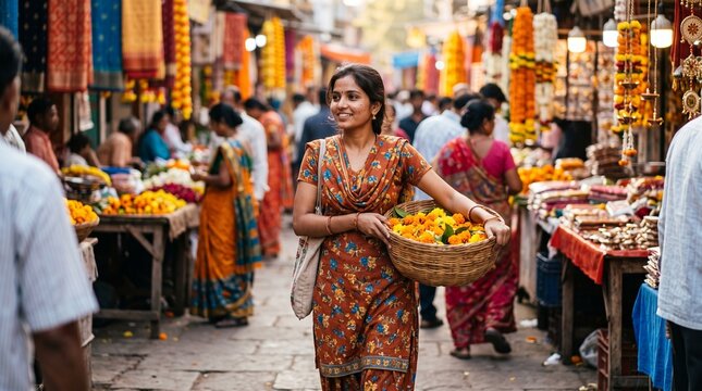 young Indian woman carrying a small woven basket filled with vibrant orange and yellow marigold flowers. She is walking through a bustling local market during Dussehra preparations