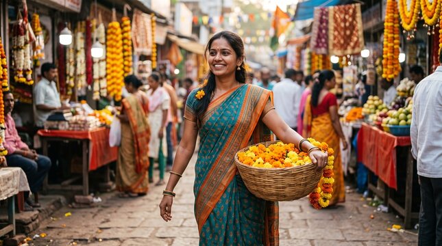 young Indian woman carrying a small woven basket filled with vibrant orange and yellow marigold flowers. She is walking through a bustling local market during Dussehra preparations