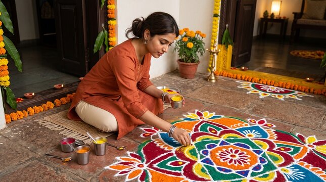 Photorealistic lifestyle photography of a young Indian woman creating a vibrant, colorful geometric rangoli pattern at the entrance of her home for Dussehra