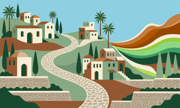 coastal village landscape with winding road palm trees and colorful houses