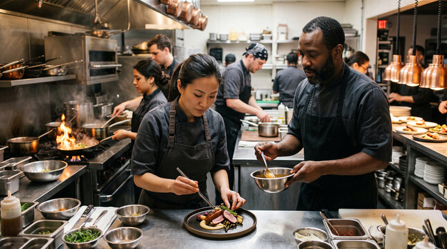 Chefs preparing gourmet food in a busy professional kitchen environment