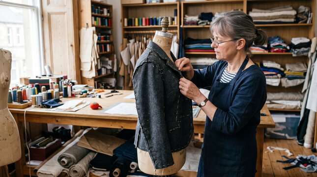 Seamstress working on a jacket on a mannequin in a cluttered studio
