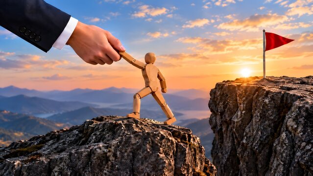 Mentorship and teamwork support concept with giant business hand helping wooden mannequin cross mountain gap towards red flag