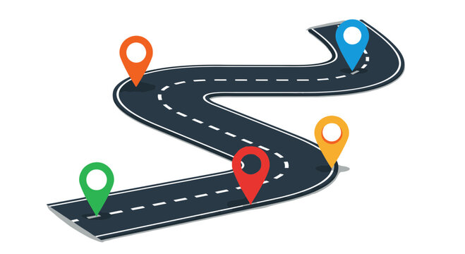 Roadmap with colorful location pins, navigation concept, winding path, journey