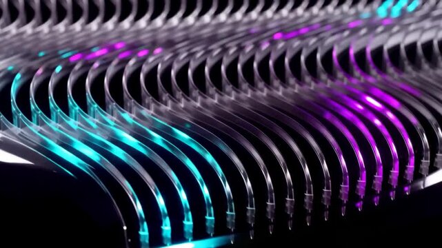 Electric blue, magenta and ultraviolet gradients move behind transparent polymer folds in a stylish seamless abstract background.