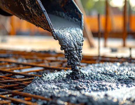 Thick wet concrete pouring from a metal chute onto steel rebar mesh at a construction site with blurred wooden framing background.
