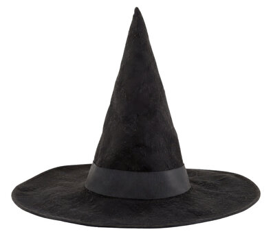 Classic black pointed witch hat with a wide brim and textured surface, isolated on a clean white background
