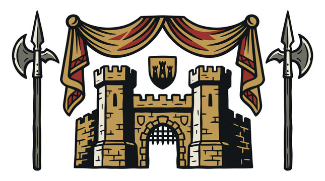 Medieval castle gate with towers and halberd spears crest.