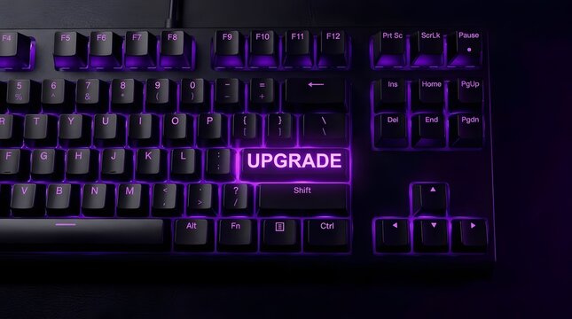 Close up of a black mechanical keyboard with glowing purple backlit keys and the word UPGRADE illuminated on the spacebar.
