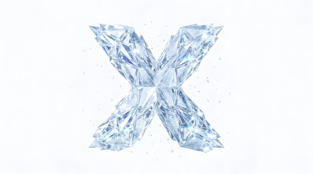 An abstract artistic representation of the letter x created from beautiful cascading ice crystals and delicate frozen shards set against a pristine white backdrop