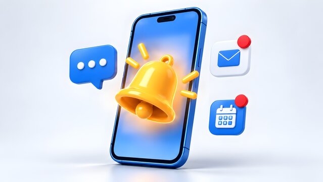 3d render smartphone notification concept showing glowing yellow bell ringing with floating message email and calendar icons