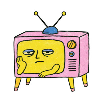 Cartoon bored retro TV character, pink set with yellow face, PNG transparent background