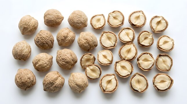 High-quality collection of whole and halved candlenuts, known as kemiri, an essential Indonesian spice for traditional culinary recipes, isolated on a clean white background for food design.