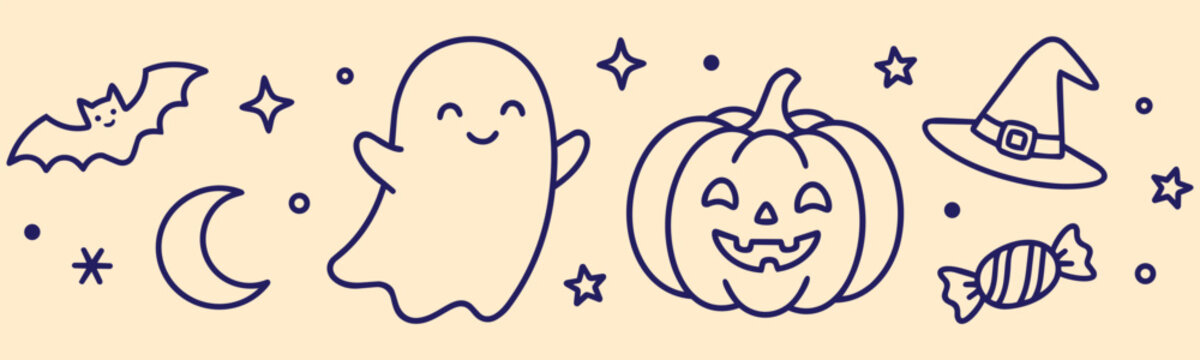 Simple halloween icon set line art bat crescent moon happy ghost stars jack o lantern pumpkin candy corn minimal outline doodle vector illustration for kids design