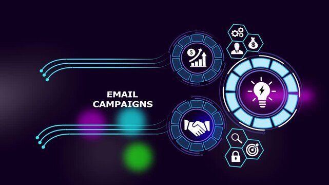 Dynamic email campaigns digital marketing concept featuring animated infographic business growth strategic planning symbols, and glowing technology interface for corporate presentations