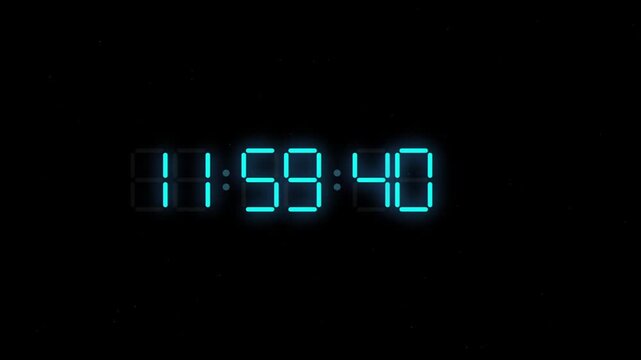 Digital clock glowing blue neon numbers on black background, electronic timer display for deadline or new year