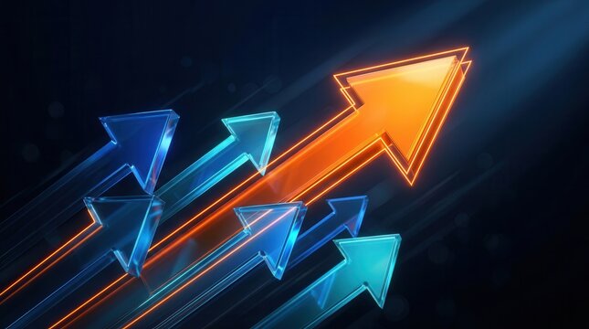 Glowing orange upward arrow leading blue arrows for business growth and financial success.